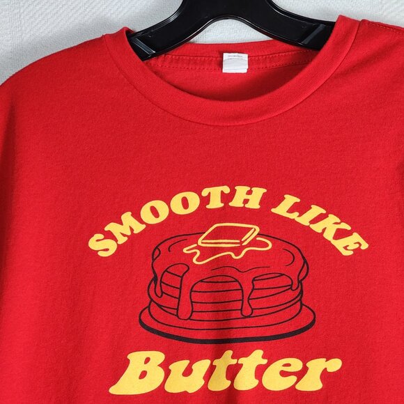 Red Cotton Poly Soft Yellow Graphic Pancake Smooth Like Butter SS T-Shirt Size L - Picture 12 of 16